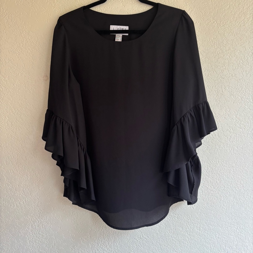 Joseph Ribkoff Flutter Sleeve Black Popover Blouse 6 Career Staple Minimalist